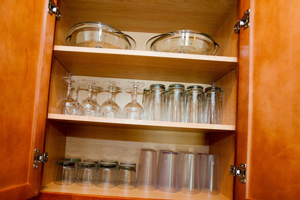 Glasses and serving ware provided in each 2 bedroom condo.