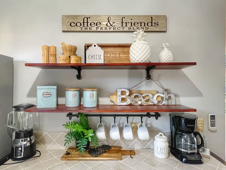 The kitchen has a fun coffee bar plus blender for fruit smoothies.  