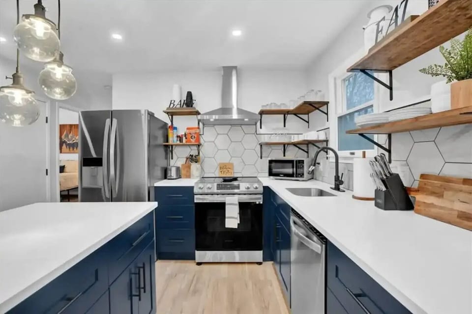 Tastefully renovated and very functional.  A fully equipped kitchen for guests. 