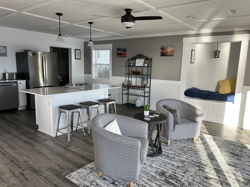 View of kitchen and living space.
