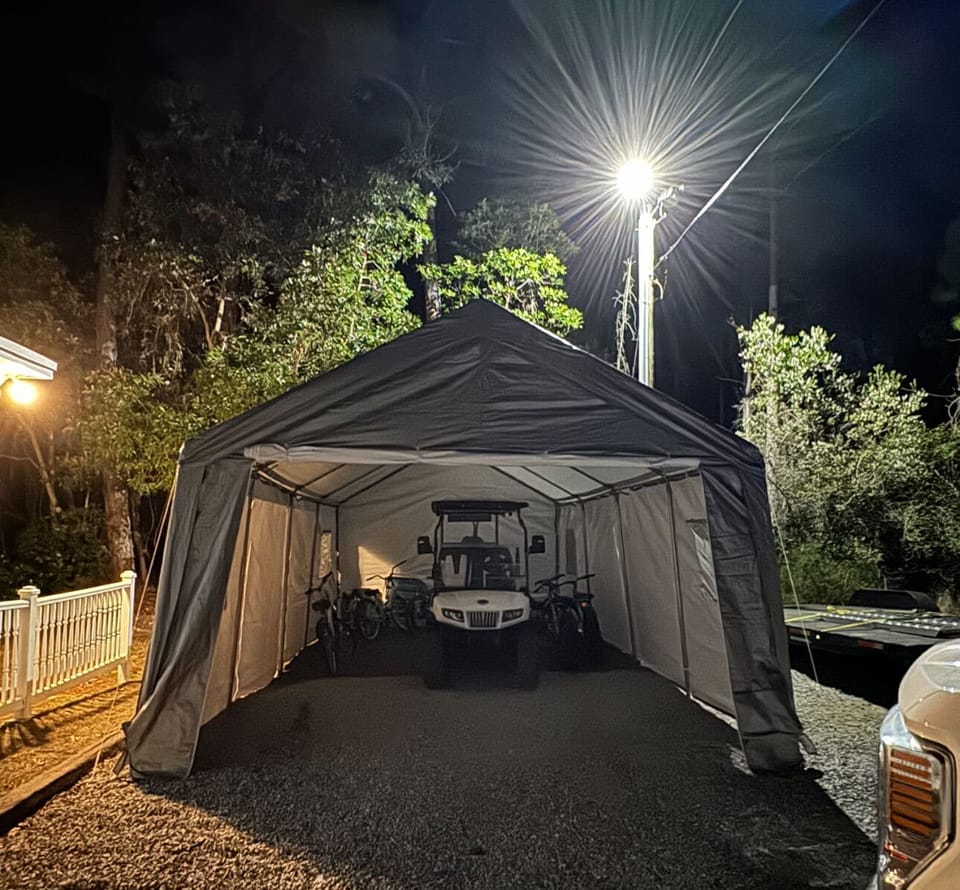 Spring 2024 tent for cart, bikes and chairs. Shed will hopefully be up by June! 