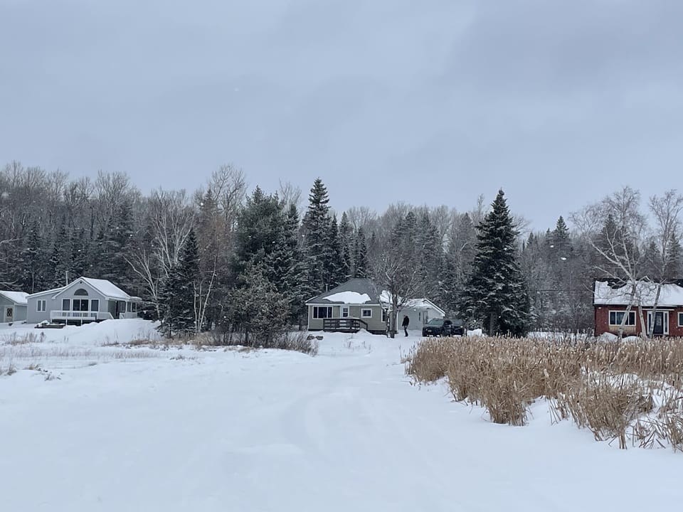 Looking at house from frozen lake. 
House in center