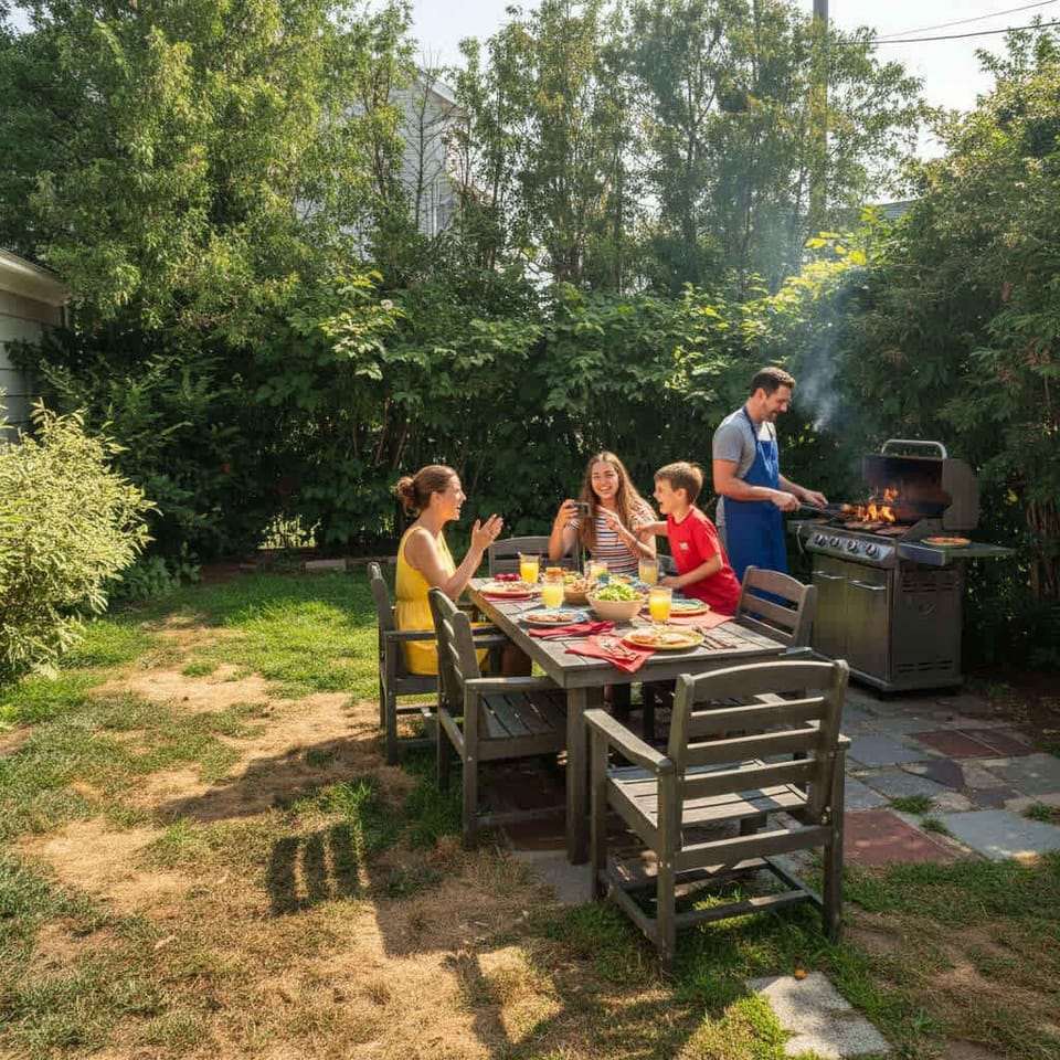 Enjoy a feast with your friends & family in the backyard with new outdoor furniture, seating for 6, and a gas grill.