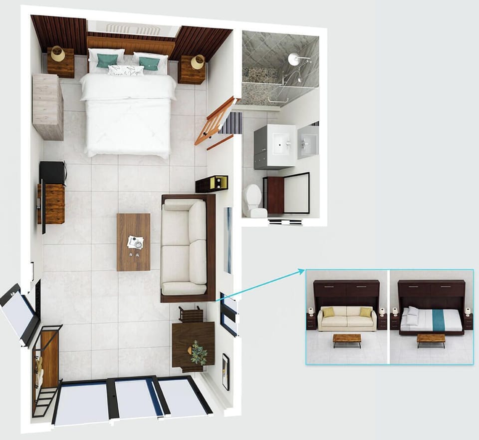 Outlook Casita - 3D Floor Plan:  Flexible setup for this suite: perfect for couples, families (includes a second queen bed), or adult friends with a real bed for each guest. The Murphy/wall bed folds away neatly when not in use.