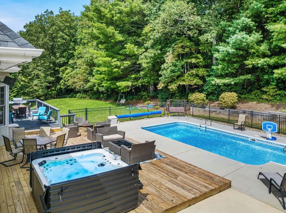 Stunning side view of sparkling outdoor pools.