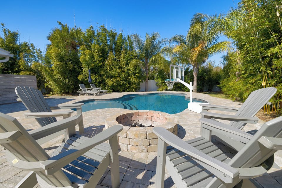 Poolside seating and fire pit