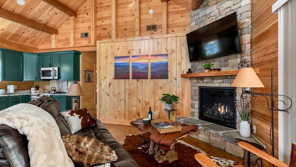 Comfortable seating, Large screen tv and gas fireplace
