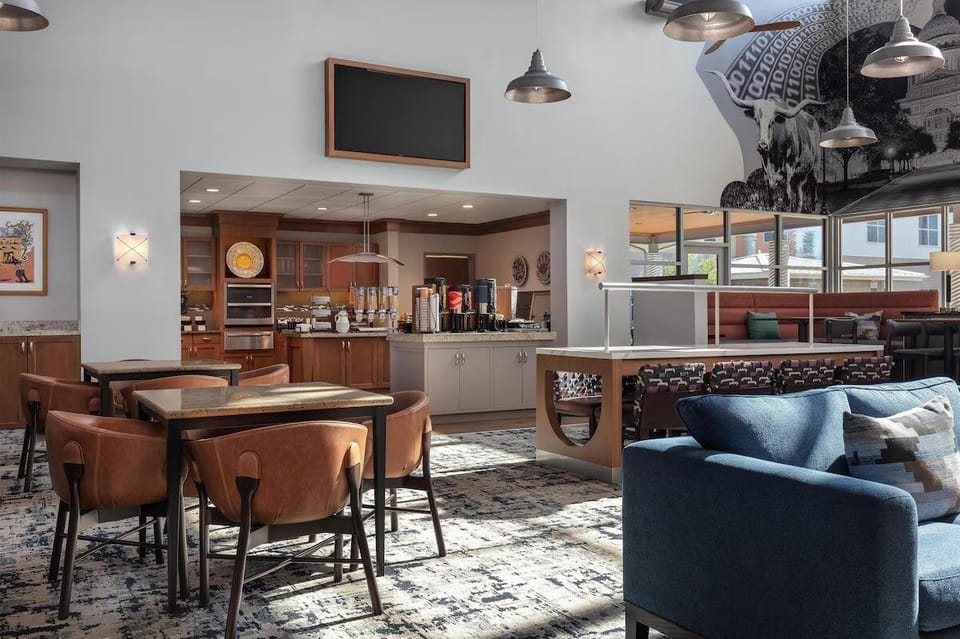 Settle into the inviting lounge for coffee, work, or bites.