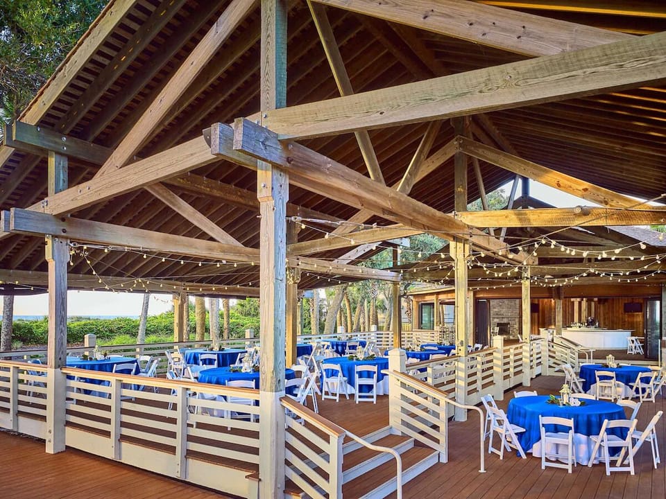 Celebrate under string lights in a breezy covered pavilion.