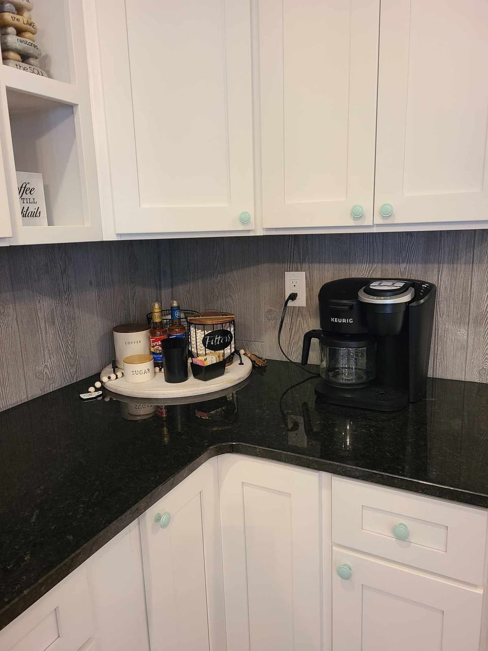 coffee bar stocked with coffee and tea