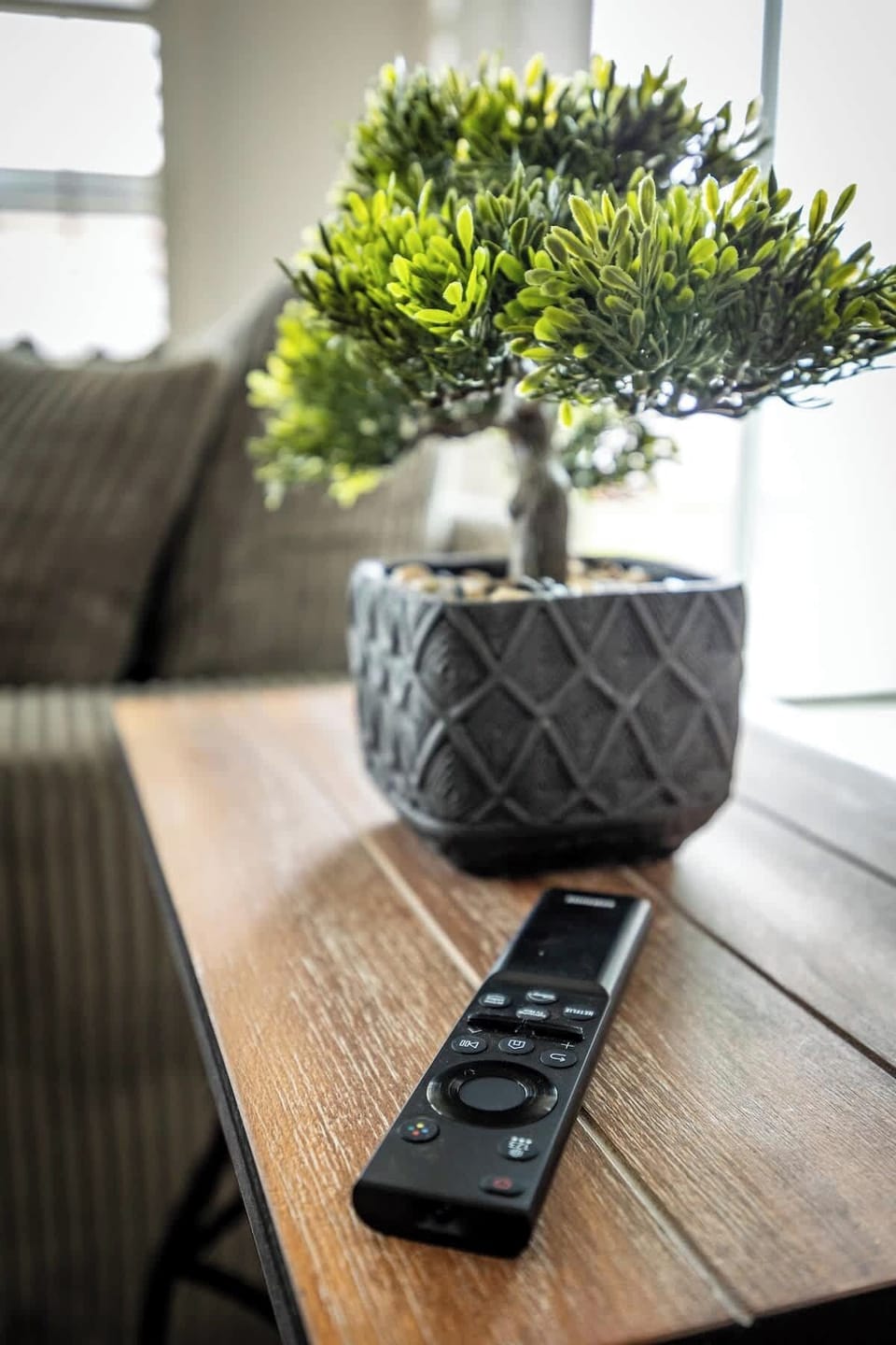 Wood table with planter and remote beside a plush gray accent chair.