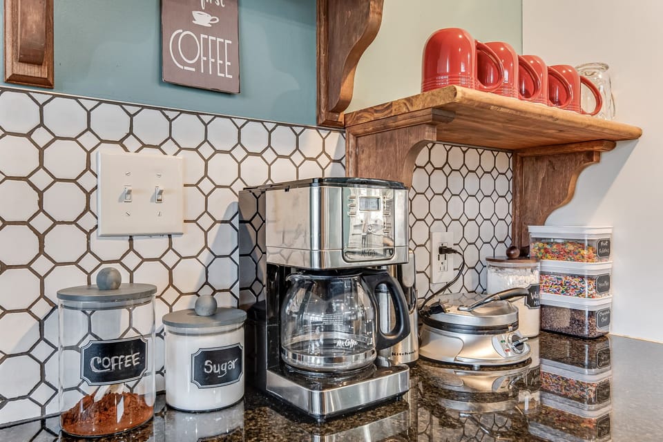 Fully stocked waffle and coffee bar