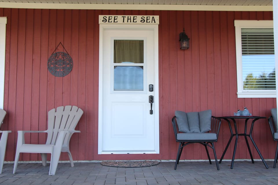 Ground level entry door with keypad.