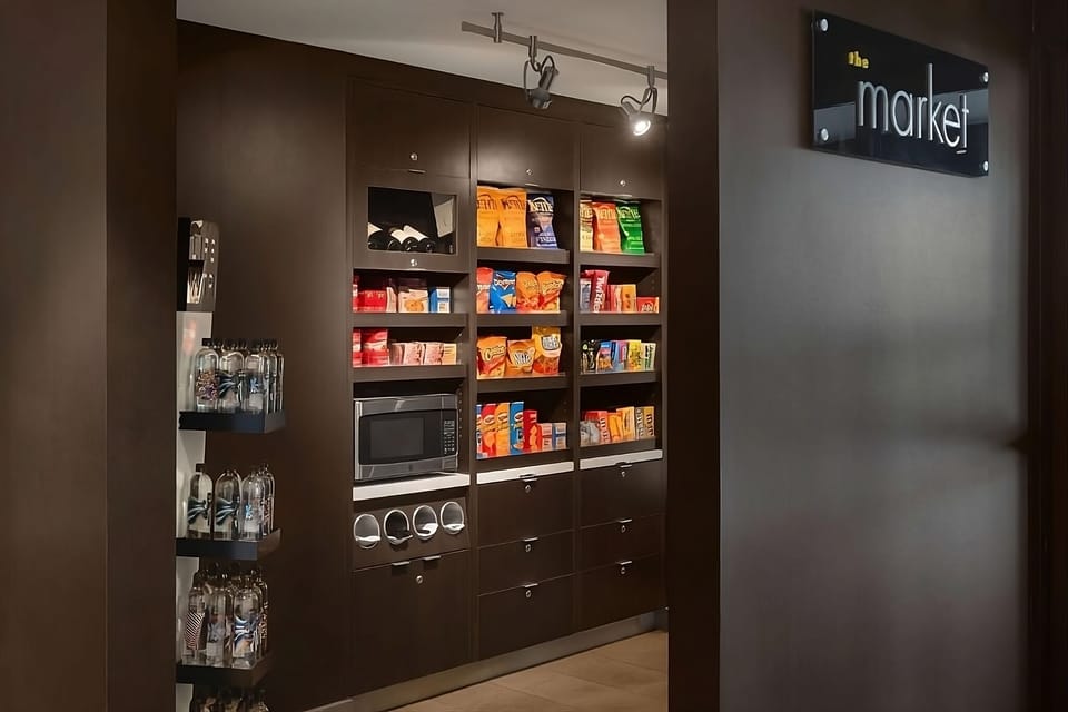 Grab late-night snacks and essentials at the convenient market.