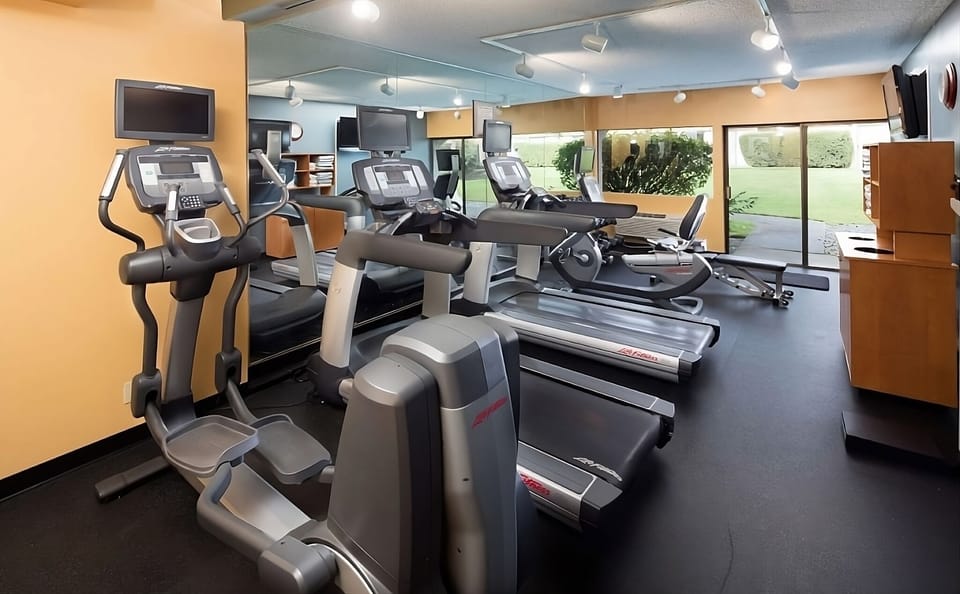 Recharge with a full workout in the bright fitness room.