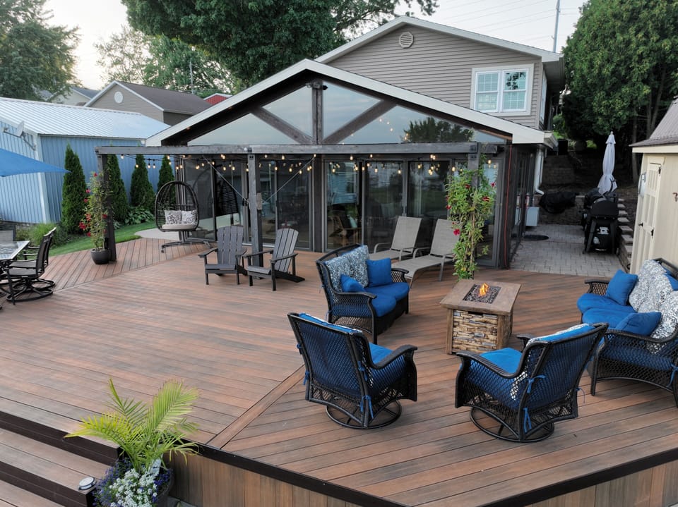 Sitting area on deck with propane fire table