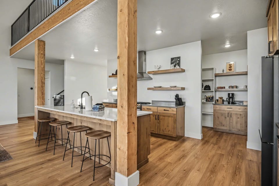 Open kitchen space with island seating.