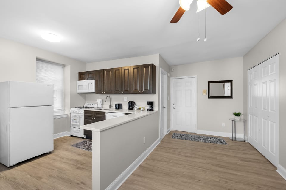 Modern overhead light fixture above kitchen entry
