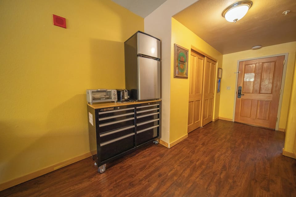 Kitchen supplies, mini-fridge and toaster oven