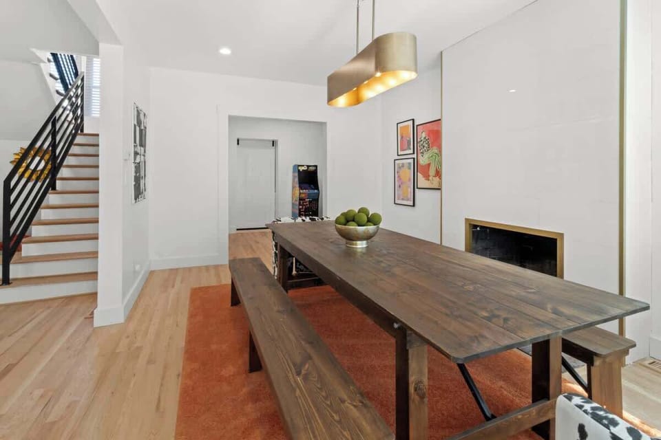 Stylish dining space with statement lighting.