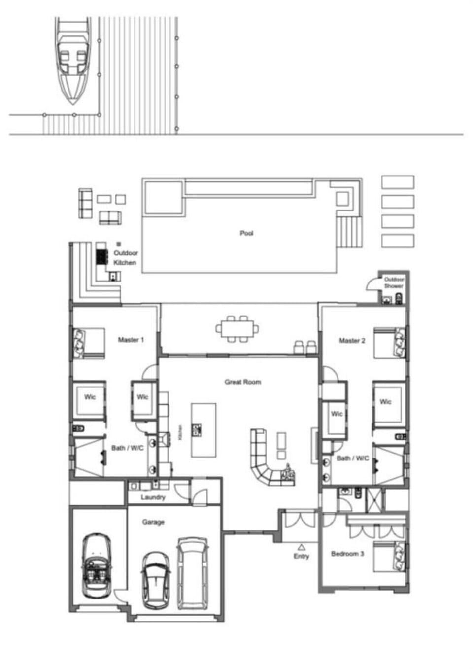 Spacious floor plan with pool, outdoor kitchen, and two master suites for ultimate comfort.