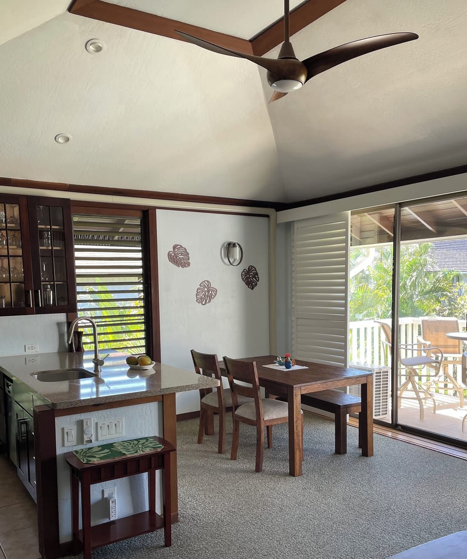 Living room with new dining set and fan.