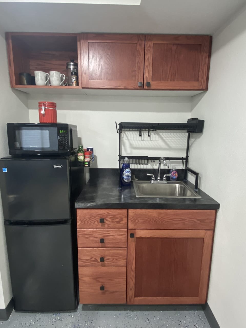 Mini fridge, microwave, flatware, glassware, cookware, crockpot