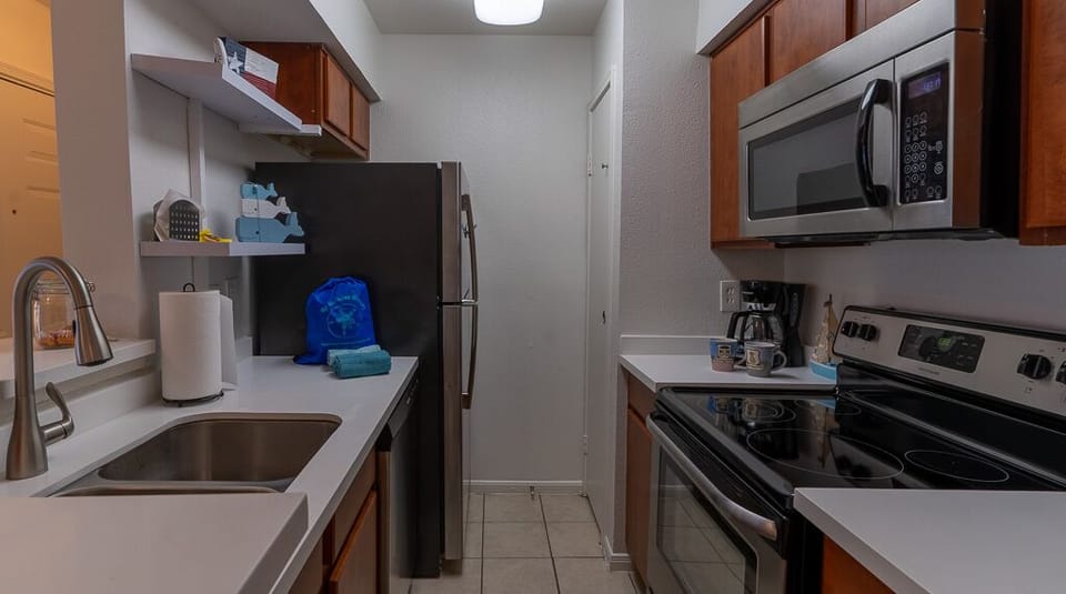 Full-sized appliances and everything you need for cooking and eating