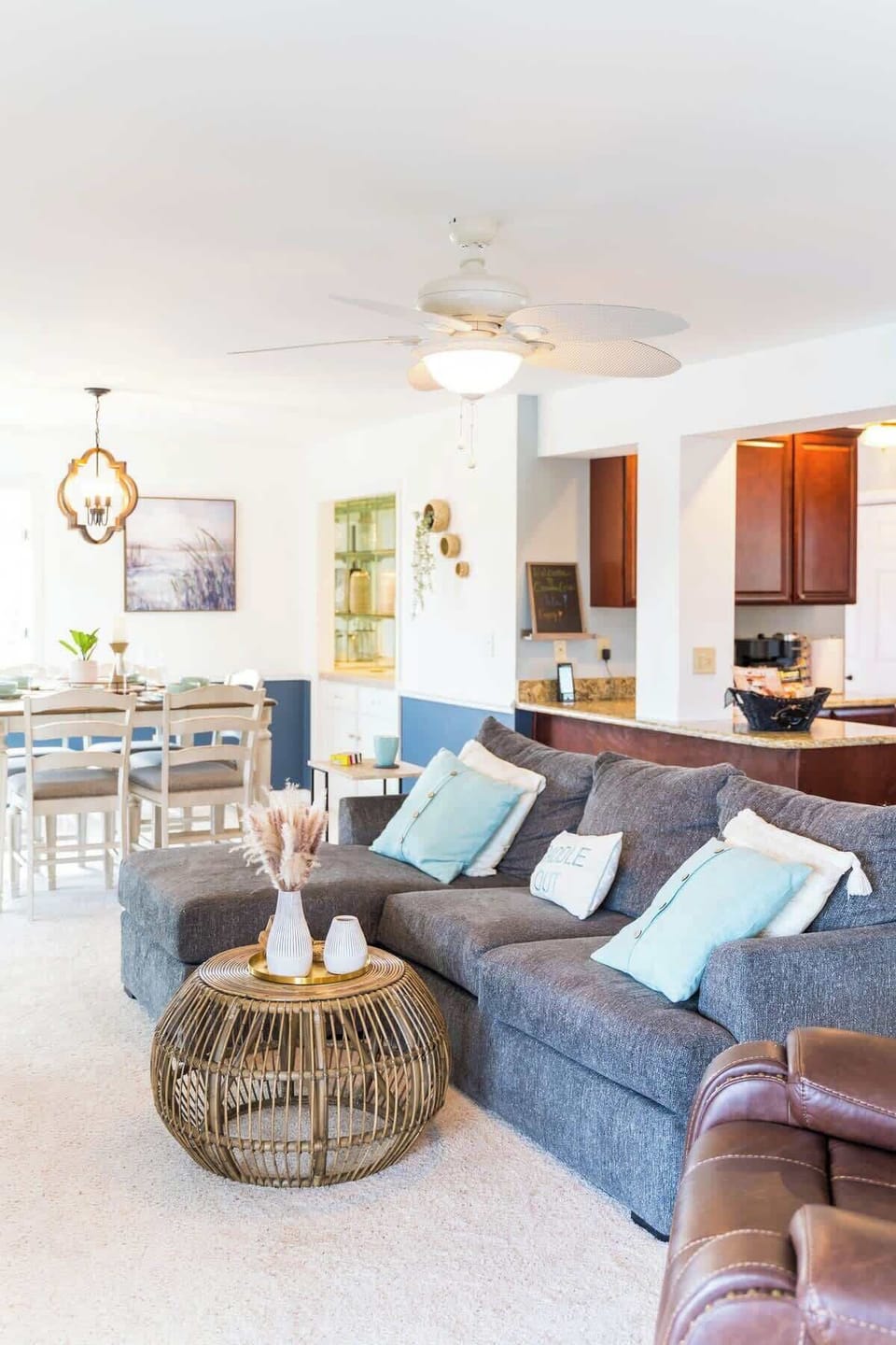 Our home is thoughtfully decorated so you can relax and unwind. Kitchen is open to the living area. The leather chair reclines for ultimate comfort!