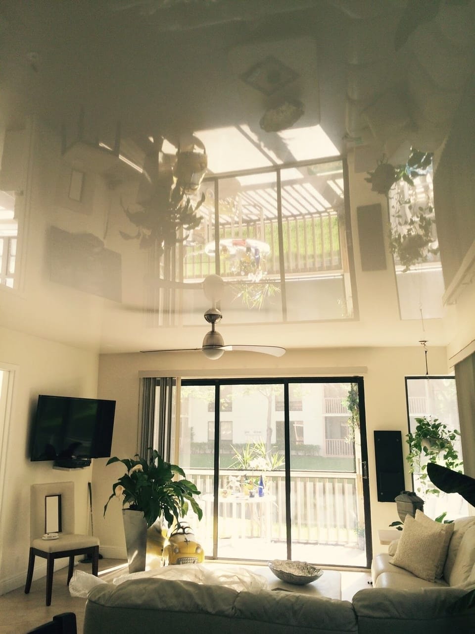 Vinyl stretch ceiling, brings more light in.and outside in.  Stunning!