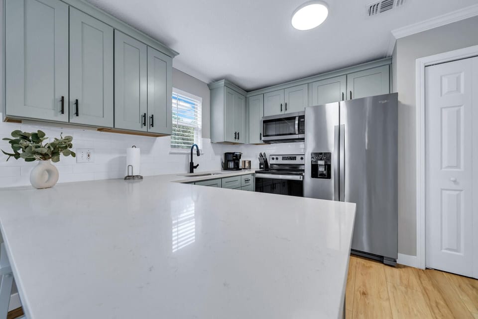 In the kitchen, you'll find everything you need including ample counter space, and new appliances that make cooking a pleasure. Our well-equipped kitchen also includes a Keurig, toaster, blender, pots and pans, cooking utensils and more.