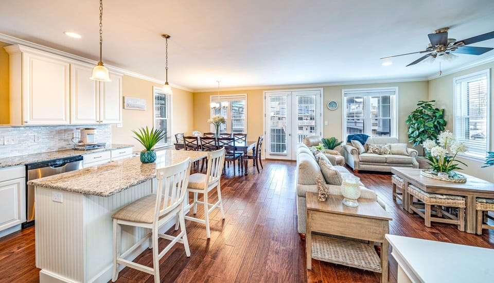 Open-concept living with seating for 10