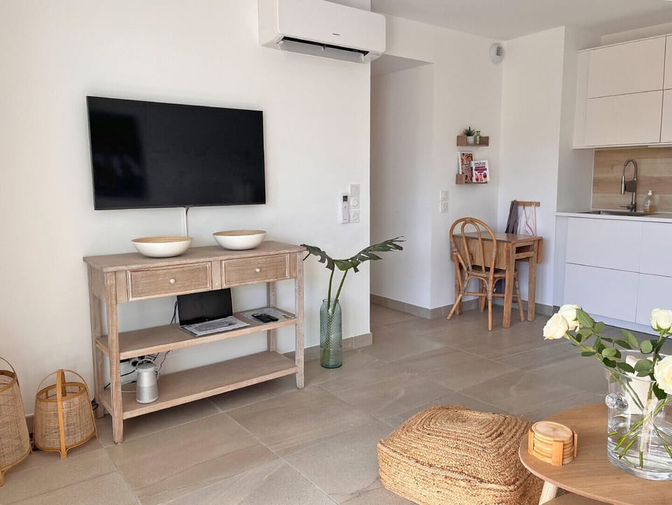 The living room and the kitchen