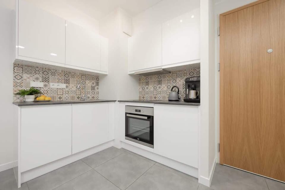 Kitchenette with an induction hob, refrigerator with freezer, oven, dishwasher and electric kettle.