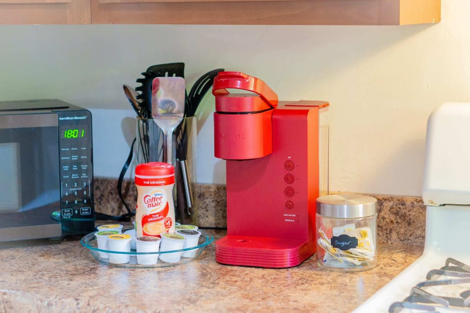 Coffee lovers rejoice! Start your day with the perfect brew in this well-equipped kitchen
