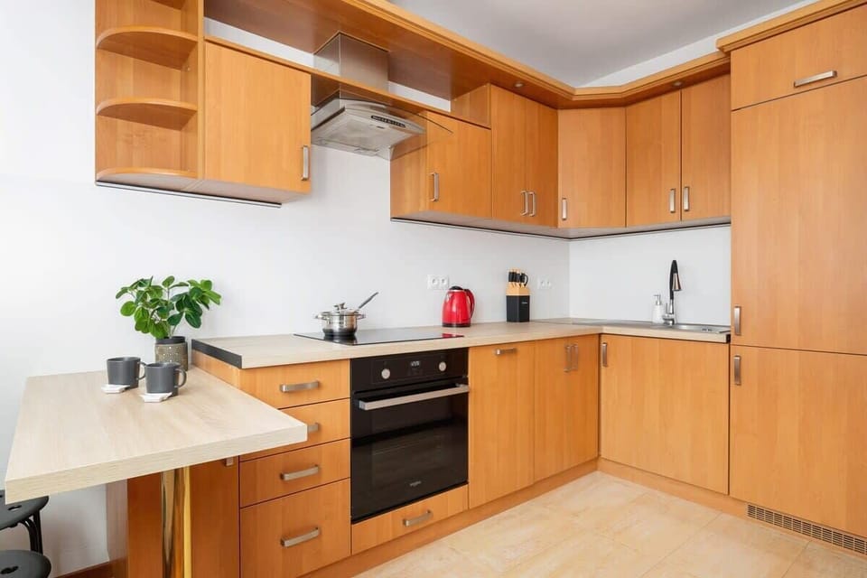 A detailed view of the kitchen setup, highlighting the wooden cabinets, an electric stove, and an organized cooking space.

