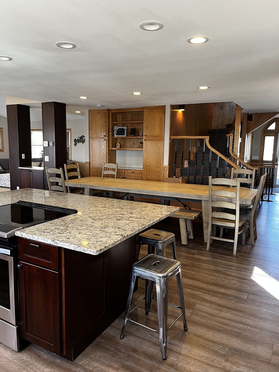 Prep and serving space in kitchen and adjoining dining area.