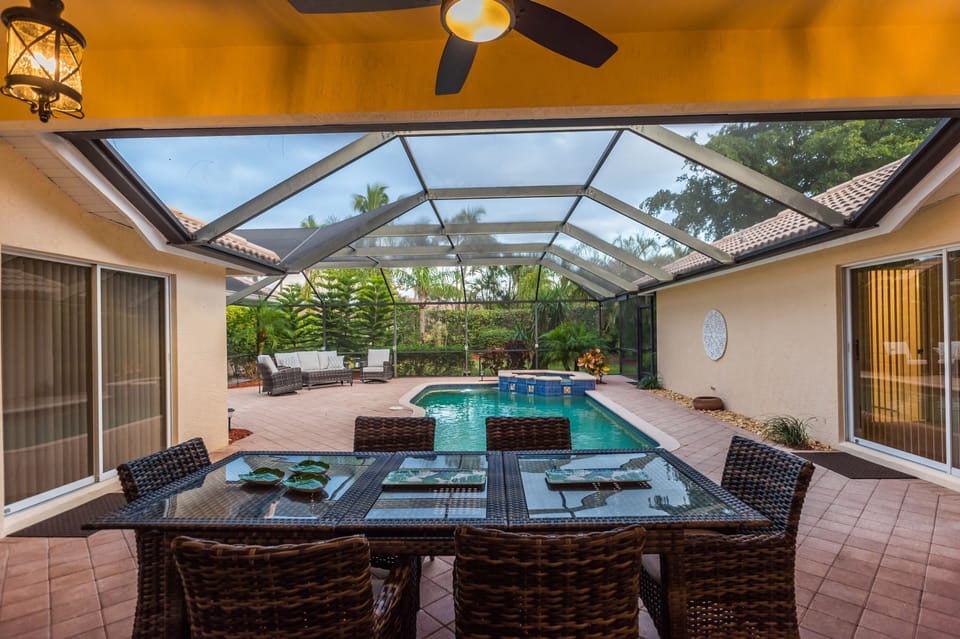 Outdoor eating area and pool