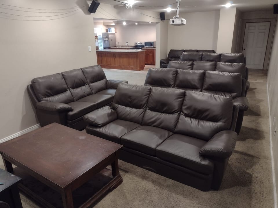 Theater area with projector, plasma, 7.1 surround, Google TV stick, Blutooth adp