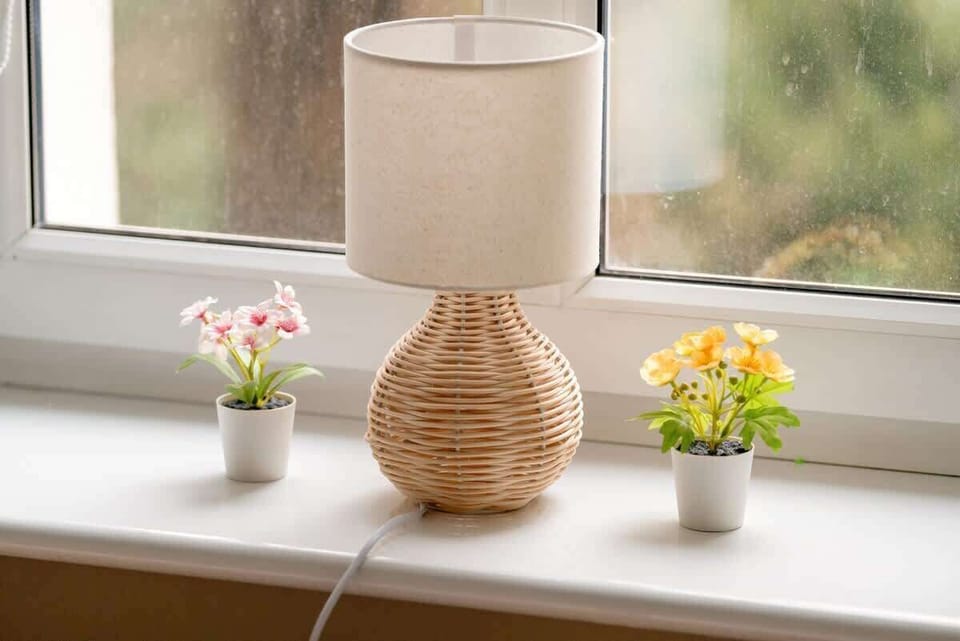 A charming window-side setup with a woven table lamp, a small vase with flowers, and a view of greenery outside.

