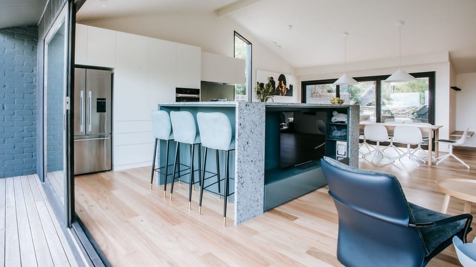 open living, kitchen, dining space upstairs