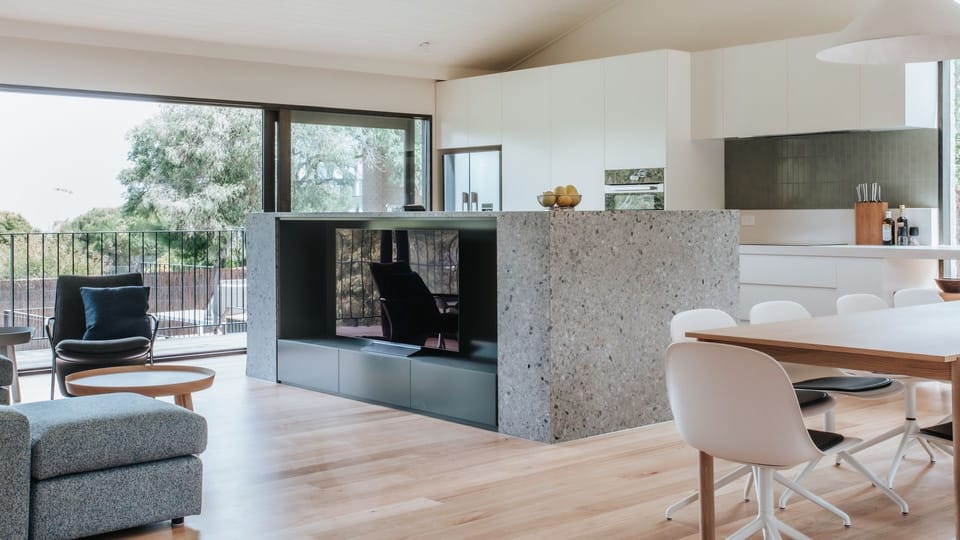 main living, kitchen, dining space.