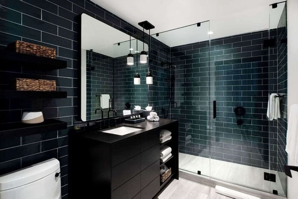 Start the morning at a sleek vanity with bright lighting.