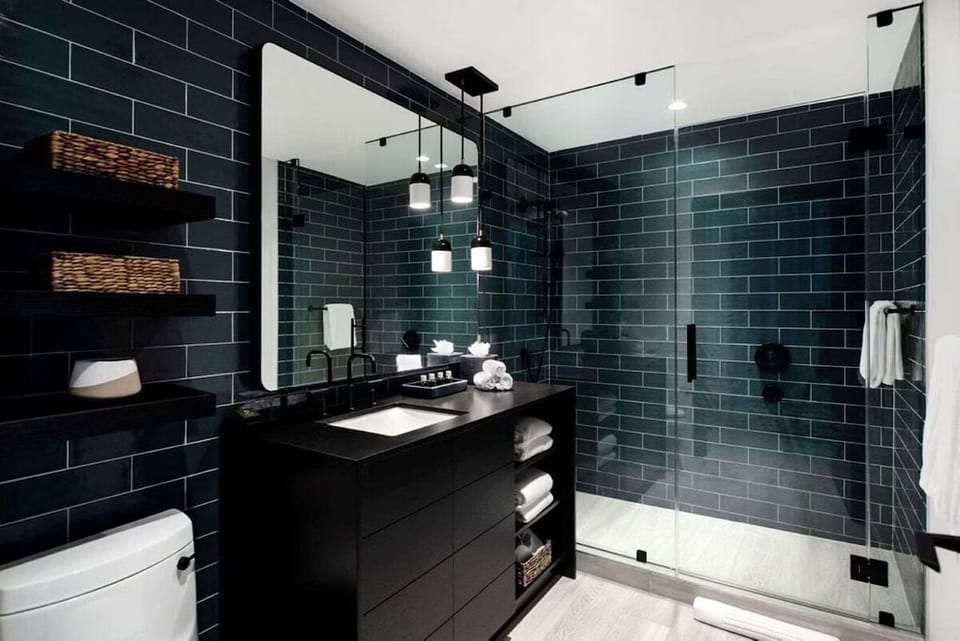 Start the morning at a sleek vanity with bright lighting.