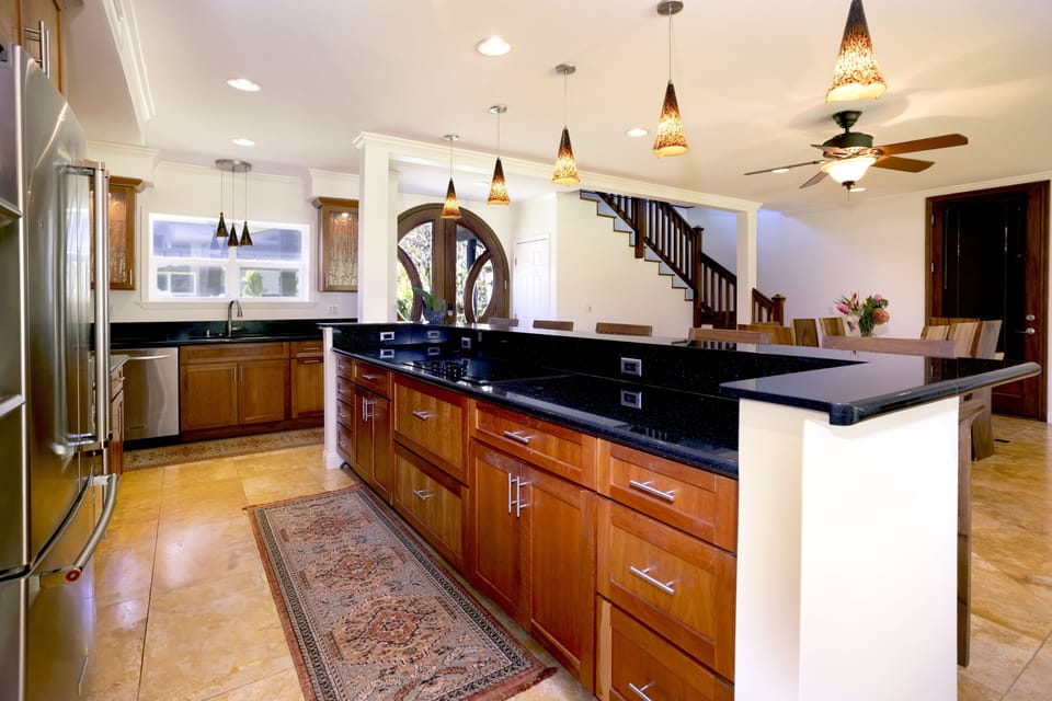 Expansive countertops provide plenty of space for meal preparation.
