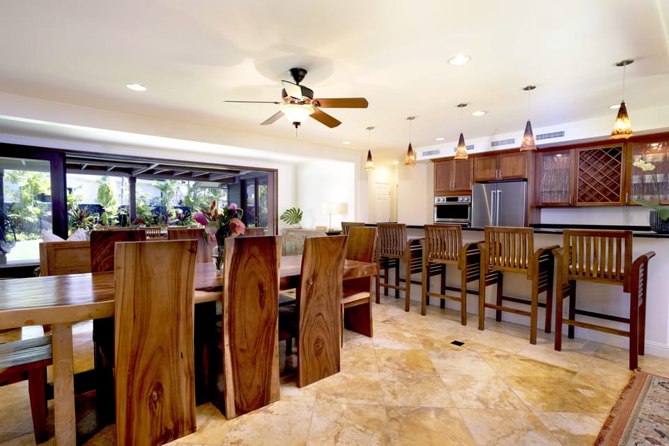 Rustic charm of the dining area with dining table for eight.