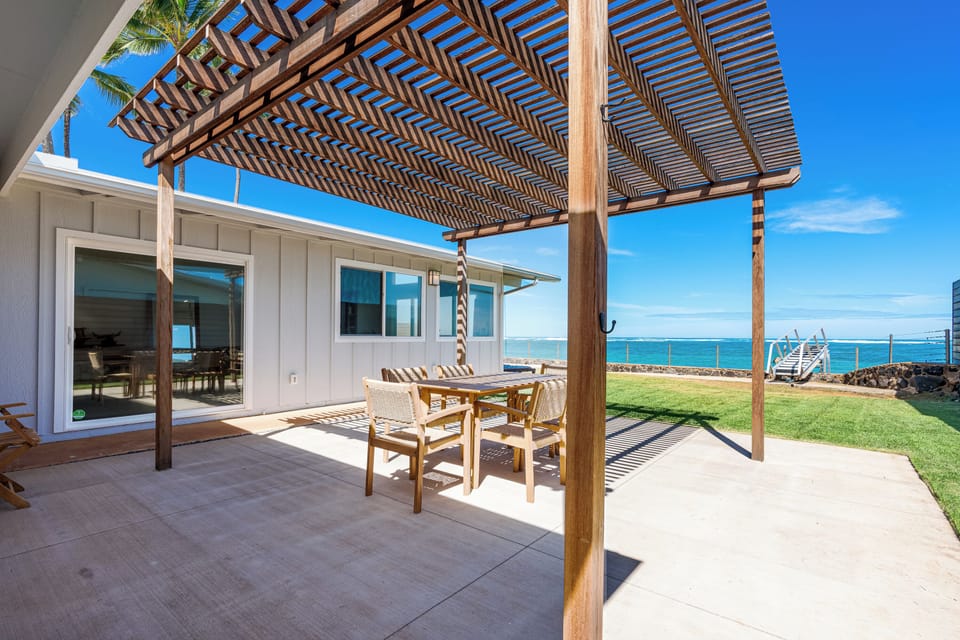 BBQ, outdoor shower and table