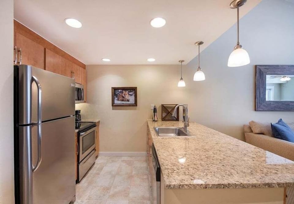 Refrigerator, Sink, Painting, Lamp, Microwave