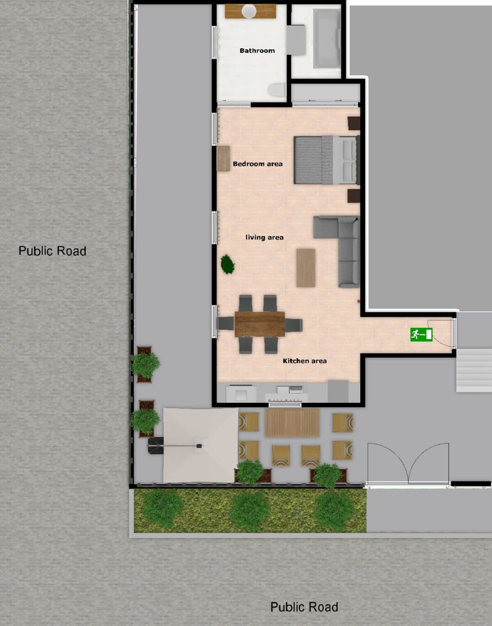 Floor plan of Sandy Suite. Comfortably sleeps 4 with large bathroom.