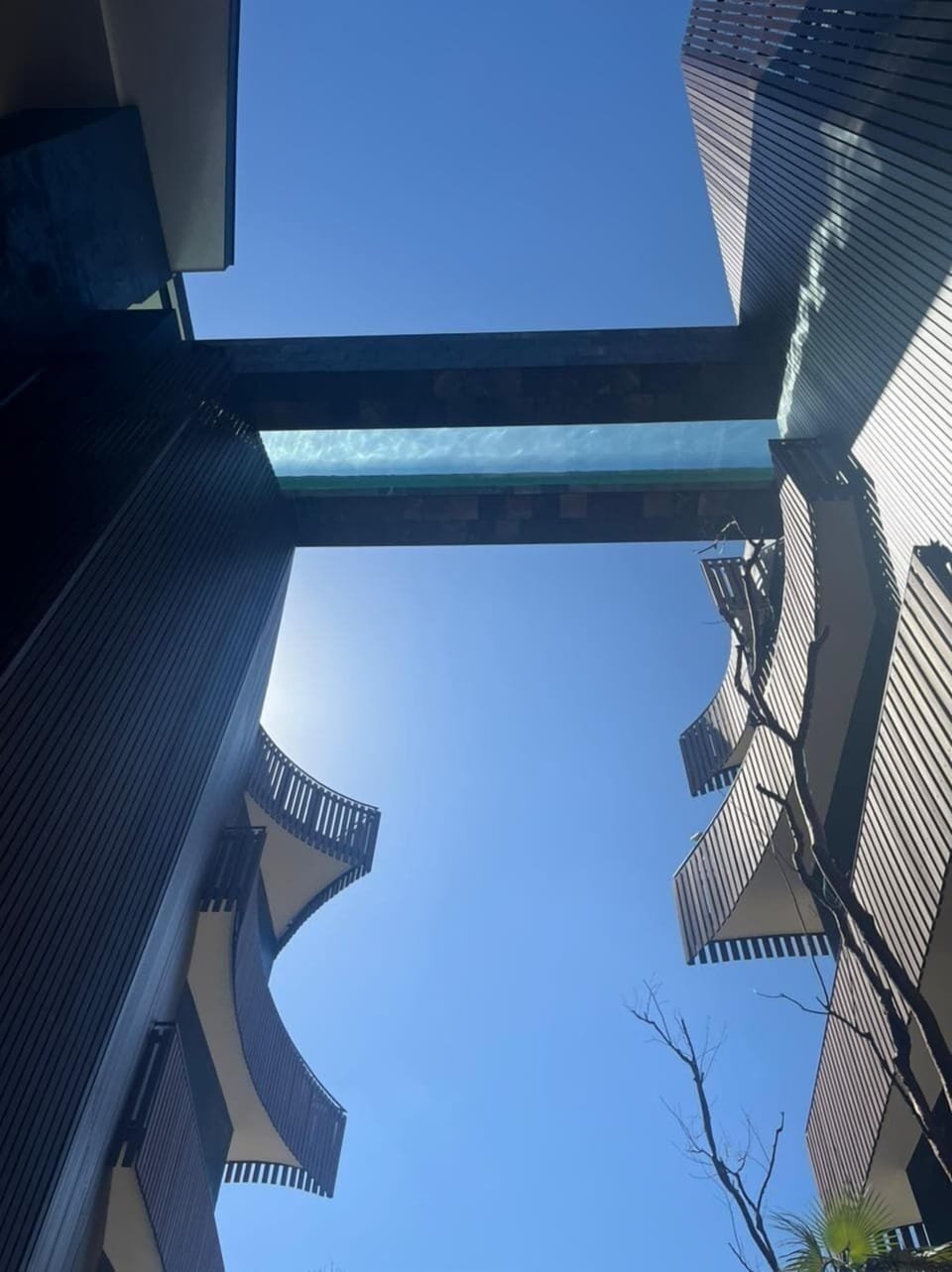 Glass Swimming Pool Bridge From below. 